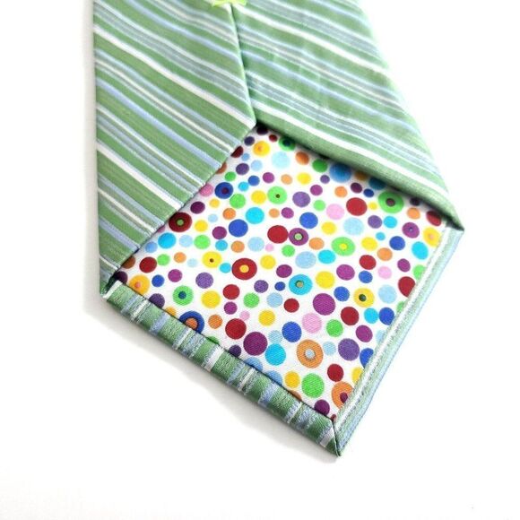 City Of London Green Blue Striped Woven Wide Silk Tie - Picture 4 of 8